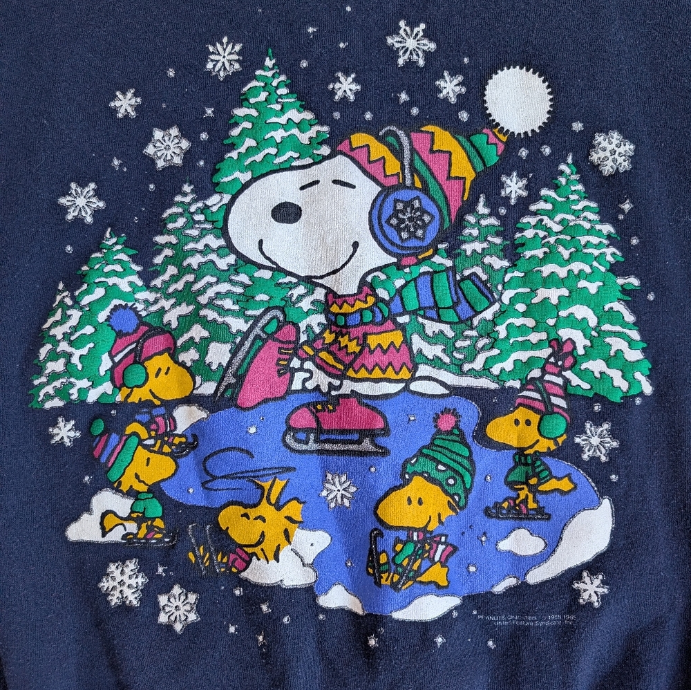 Vintage Tultex Peanuts Snoopy Woodstock Bubble Graphic Navy Sweatshirt XL - Picture 2 of 11